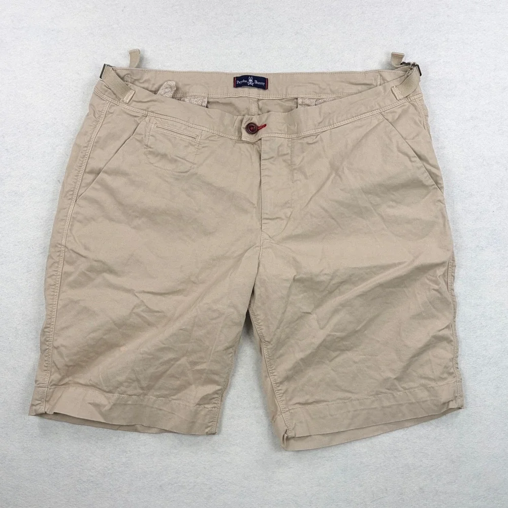 Psycho Bunny Mens Classic Chino Shorts Tan Khaki Size 36 Side Cinch Stretch Logo